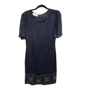 Vintage Laurence Kazar Black Hand Beaded Short Sleeve Cocktail Party Dress